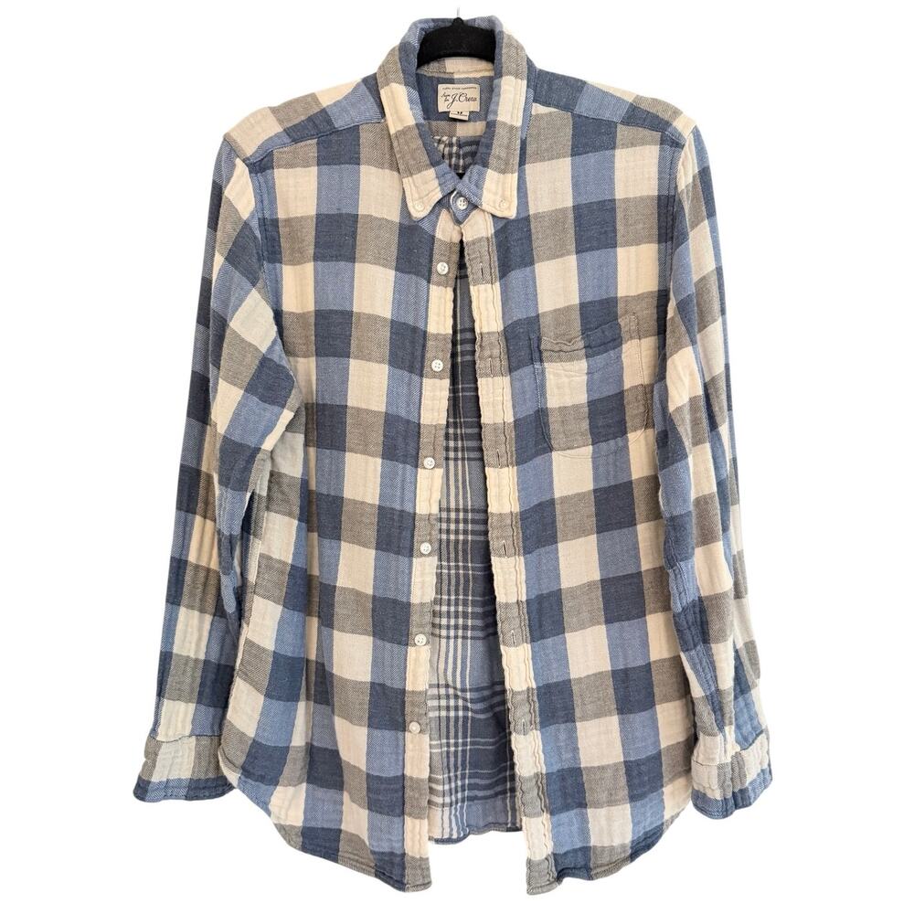 J.Crew Medium Blue Cream Plaid Button Down Shirt Soft Cotton Casual Classic